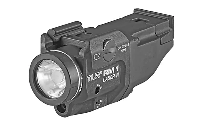 Streamlight TLR RM1 Laser, black rail-mounted light and laser in front angled view