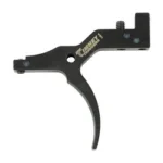 Timney Savage AccuTrigger trigger, black side view with long curved trigger and mounting points