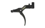 Timney Savage AccuTrigger trigger, black side view with long curved trigger and mounting points