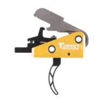 Timney Competition AR15 skeleton trigger, side view with gold housing and silver hammer