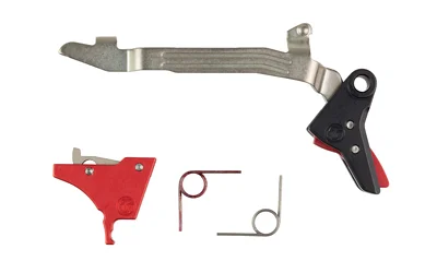 Timney Alpha Trigger Ruger RXM red and black trigger components with springs, top view