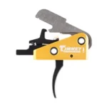 Timney AR15 solid trigger, gold housing with black curved trigger and silver top lever in side view