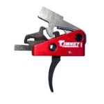 TIMNEY TRIG AR TARGA 2ST SHRT 1ST ST red and black trigger assembly, side view with curved bow