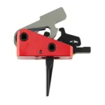 TIMNEY TRIG AR TARGA 2ST SHRT STRAIG red and black trigger assembly, side view with straight bow