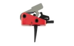 TIMNEY TRIG AR TARGA 2ST SHRT STRAIG red and black trigger assembly, side view with straight bow
