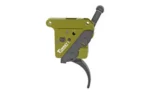 TIMNEY TRIG FITS REM 700 THIN BLK green housing, side view with black curved trigger and safety lever
