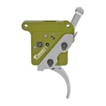 Timney Trig Fits Rem 700 Thin NP, green and silver trigger assembly in side view