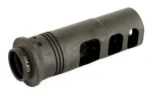 SureFire SOCOM MB dark gray muzzle brake, angled side view with large ports and threaded opening