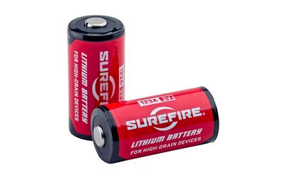 primary-6708 SureFire SF123A batteries, two red and black cells shown upright and on their side