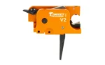 TIMNEY CZ Scorpion straight trigger, side view with orange housing and black trigger