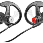 SureFire Sonic Defender7 black pair, front view with gray foam tips, cords and red accent