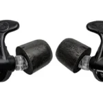 SUREFIRE SONIC DFNDR7 black earplugs with red cords and black ear hooks, angled view