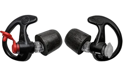 SUREFIRE SONIC DFNDR7 black earplugs with red cords and black ear hooks, angled view