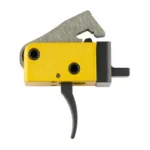 Timney TRIG AR PCC, yellow and silver trigger unit with curved black shoe, side view
