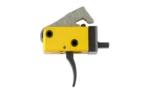 Timney TRIG AR PCC, yellow and silver trigger unit with curved black shoe, side view