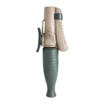 Primos Buck Roar II Grunt Call, front view with tan body, green mouthpiece and side strap