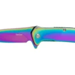 Kershaw Outcome rainbow PVD, right-side view open with iridescent blade and handle