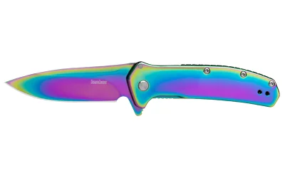 Kershaw Outcome rainbow PVD, right-side view open with iridescent blade and handle