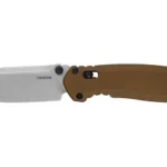 Kershaw Broadside spear point FDE, right-side view open with silver blade and brown handle
