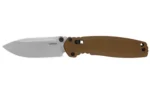 Kershaw Broadside spear point FDE, right-side view open with silver blade and brown handle