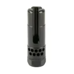 SUREFIRE WARCOMP SPORT black muzzle device, upright view with open prongs and vent holes