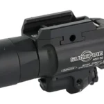 SUREFIRE X400 TURBO black angled side view with flashlight lens, top rail mount and laser housing