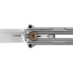 KERSHAW CYBERNET OTF knife, side view with silver blade, silver handle and bronze button
