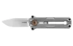 KERSHAW CYBERNET OTF knife, side view with silver blade, silver handle and bronze button