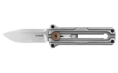 primary-6863 KERSHAW CYBERNET OTF knife, side view with silver blade, silver handle and bronze button