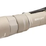 SUREFIRE EDC1 DFT 650 LUM TAN, angled side view with reflector, pocket clip and textured tailcap