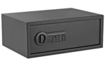 Stack-On Extra Wide Personal Safe, black front three-quarter view with keypad and turn knob