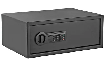 Stack-On Extra Wide Personal Safe, black front three-quarter view with keypad and turn knob