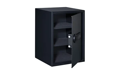 STACK-ON Personal Safe Extra Large, tall black safe with open door, shelves and lock controls