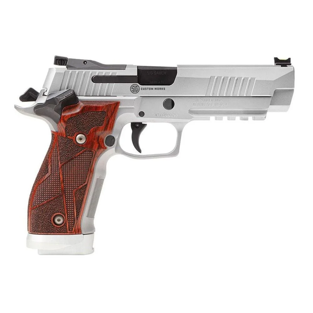 primary-693 Sig Sauer P226 XFive Handgun, right-side view, silver finish with brown textured grips