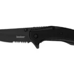Kershaw Outright black serrated, right-side view open with black blade and curved handle