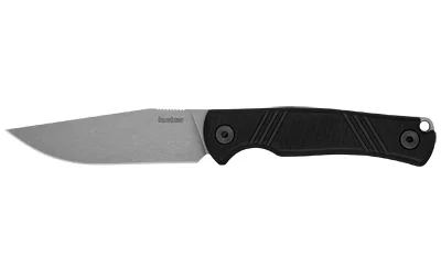 Kershaw Pack Mule knife, side view with silver fixed blade and black textured handle