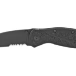 KERSHAW BLUR TANTO 3.4" BLK/BLK SERR, open black folding knife, left side with serrated blade