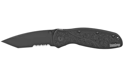 primary-6963 KERSHAW BLUR TANTO 3.4" BLK/BLK SERR, open black folding knife, left side with serrated blade