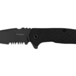 KERSHAW CONDUIT SERRATED, open black folding knife in right-side view with partially serrated blade