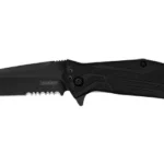 KERSHAW BRAWLER open folding knife, side view with black serrated blade and black handle