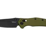 KERSHAW BAREKNUCKLE DURALOCK open knife, side view with black blade and olive green handle
