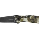 Kershaw Leek Kings Camo BlackWash, open folding knife with dark blade and camouflage handle, side view