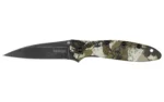 Kershaw Leek Kings Camo BlackWash, open folding knife with dark blade and camouflage handle, side view