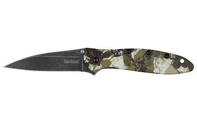 primary-6971 Kershaw Leek Kings Camo BlackWash, open folding knife with dark blade and camouflage handle, side view
