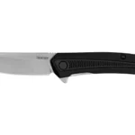 Kershaw Raygun, open folding knife in side view with silver blade and textured black handle