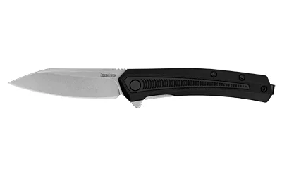 Kershaw Raygun, open folding knife in side view with silver blade and textured black handle