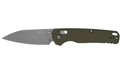 Kershaw Belair XL folding knife, left side with silver blade and olive green handle