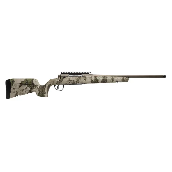Savage Arms Axis 2 Pro Compact Rifle, right-side view with woodland camo stock and black barrel