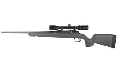 Savage Arms SAV AXIS 2 XP rifle, right-side view with grey stock, black barrel and mounted scope