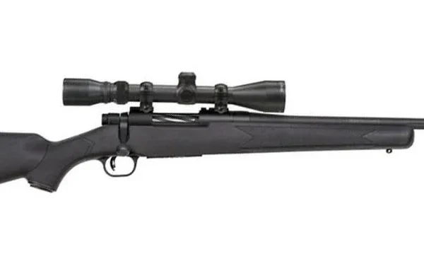 Mossberg Patriot black bolt-action rifle, right-side view with mounted scope and synthetic stock